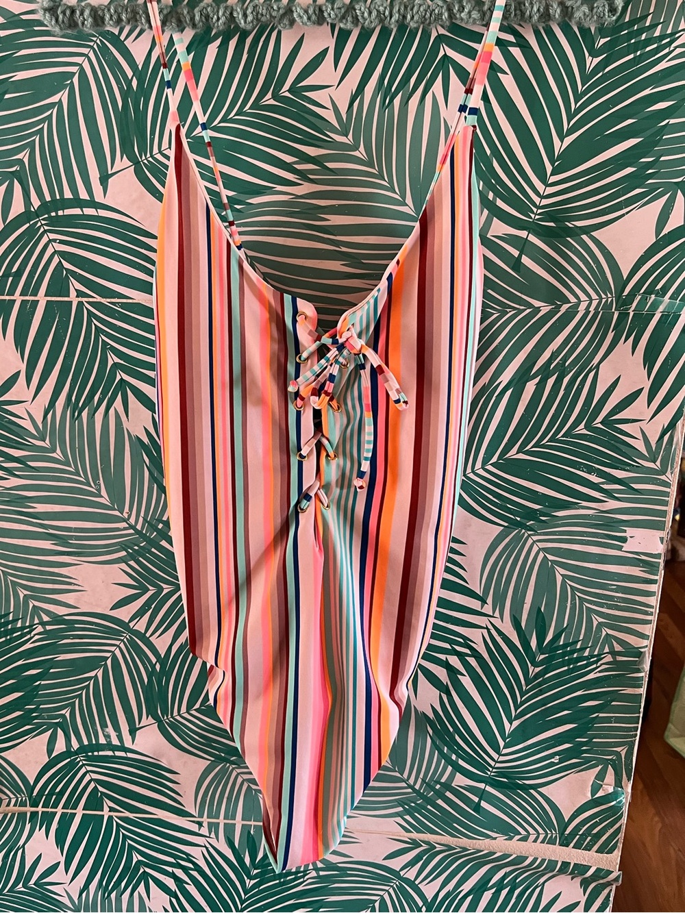 Colorful Striped Lace-Up One-Piece Swimsuit cheeky bottom and open back sz L